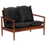 Canapé 2 places noir cuir véritable et bois d'acacia solide – Image 7