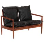 Canapé 2 places noir cuir véritable et bois d'acacia solide – Image 8