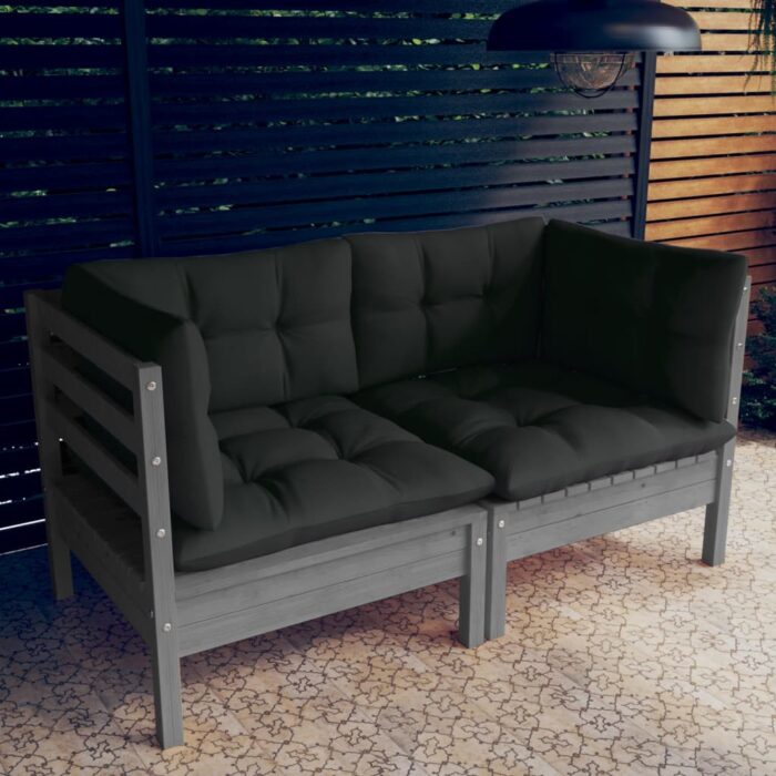 Canapé 2 places de jardin avec coussins anthracite Bois de pin – Image 1