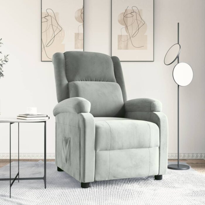 Fauteuil inclinable gris clair velours – Image 1