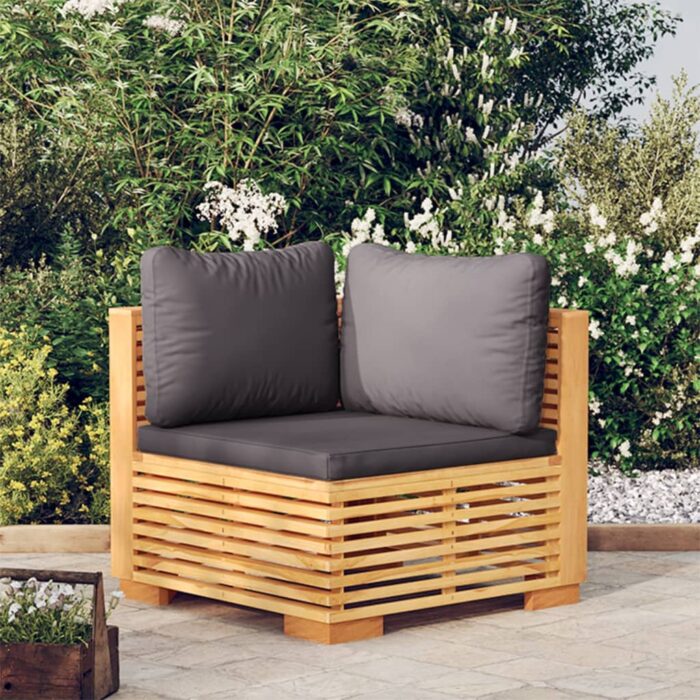 Canapé d'angle de jardin coussins Gris foncé Bois teck massif – Image 1