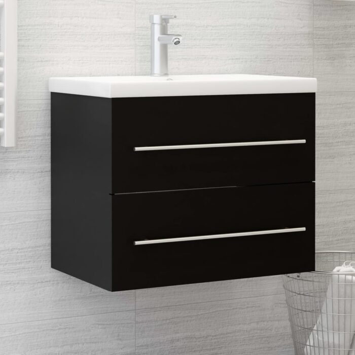 Armoire d'évier avec lavabo intégré Noir Aggloméré – Image 1