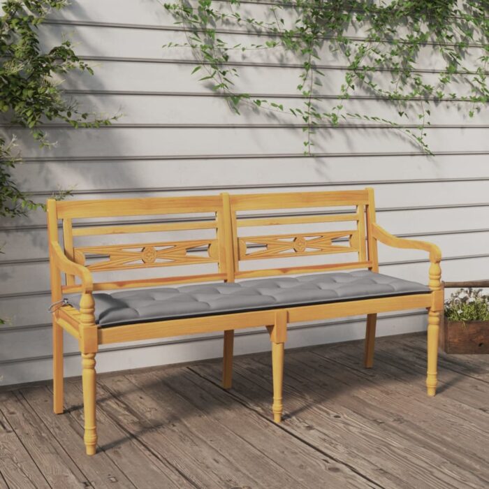 Banc Batavia avec coussin gris 150 cm Bois de teck massif – Image 1