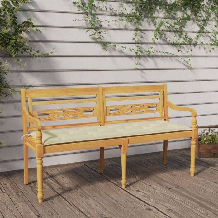 Banc Batavia avec coussin crème 150 cm Bois de teck massif – Image 1