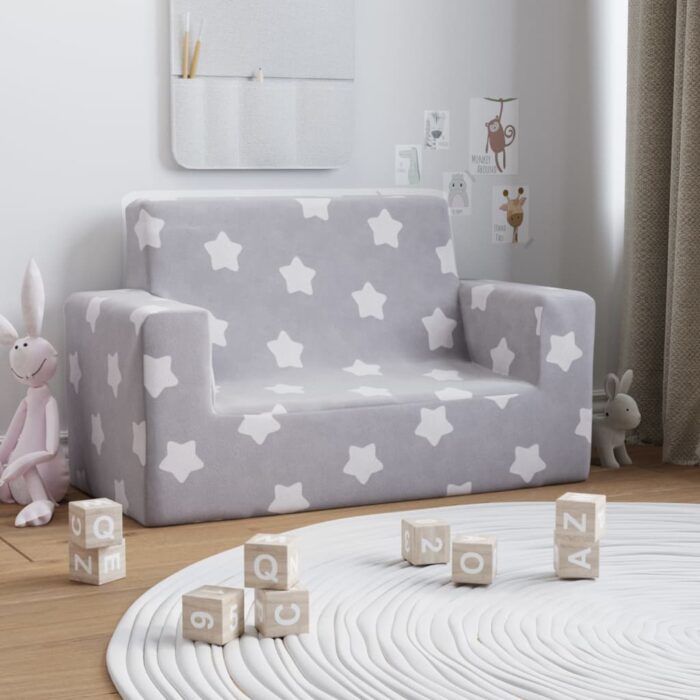 Canapé pour enfants à 2 places Gris clair étoiles Peluche douce – Image 1