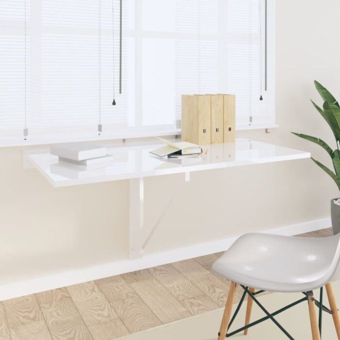 Table murale pliable Blanc brillant 100x60x56cm Bois ingénierie – Image 1