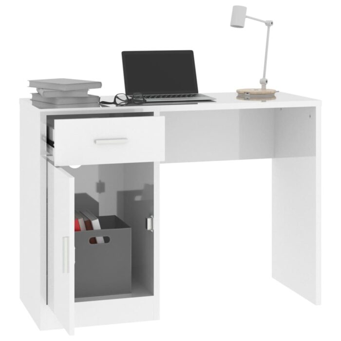 Bureau avec tiroir et armoire Blanc brillant 100x40x73 cm – Image 2