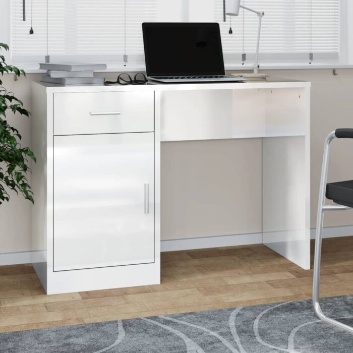 Bureau avec tiroir et armoire Blanc brillant 100x40x73 cm – Image 1