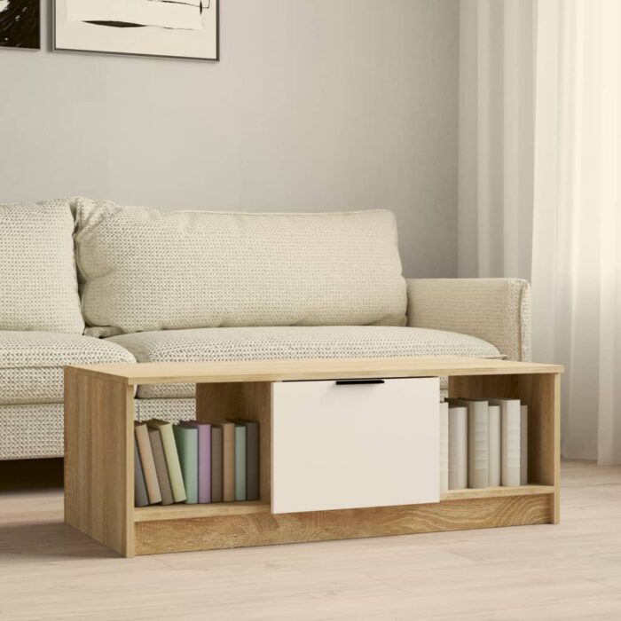 Table basse blanc et chêne sonoma 102x50x36cm bois d'ingénierie – Image 1