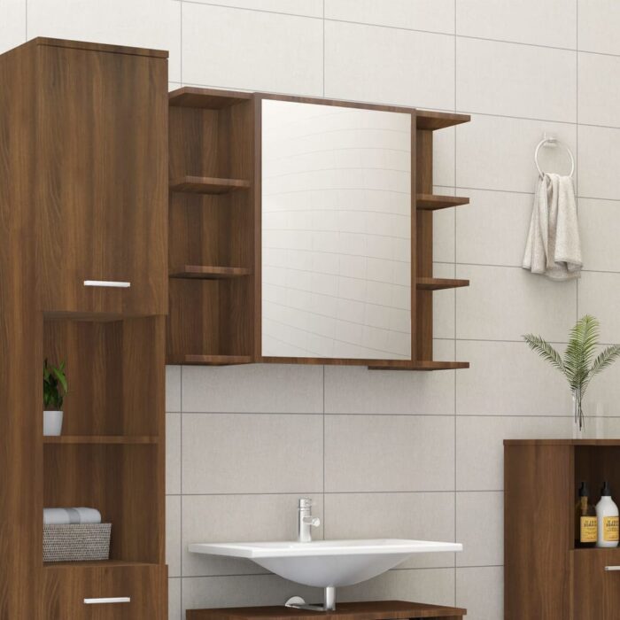 Armoire à miroir de salle de bain Chêne brun 80x20,5x64 cm Bois – Image 1