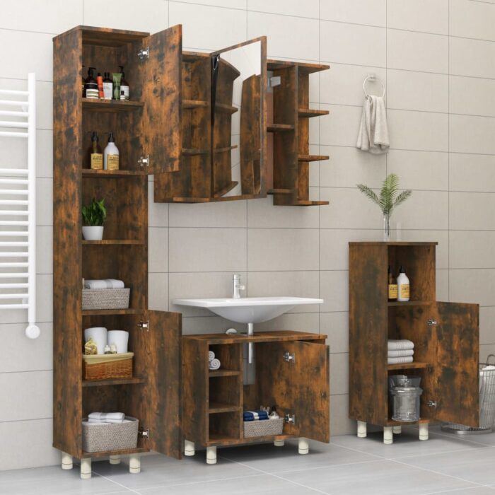 Armoire de bain Chêne fumé 30x30x95 cm Bois d'ingénierie – Image 2
