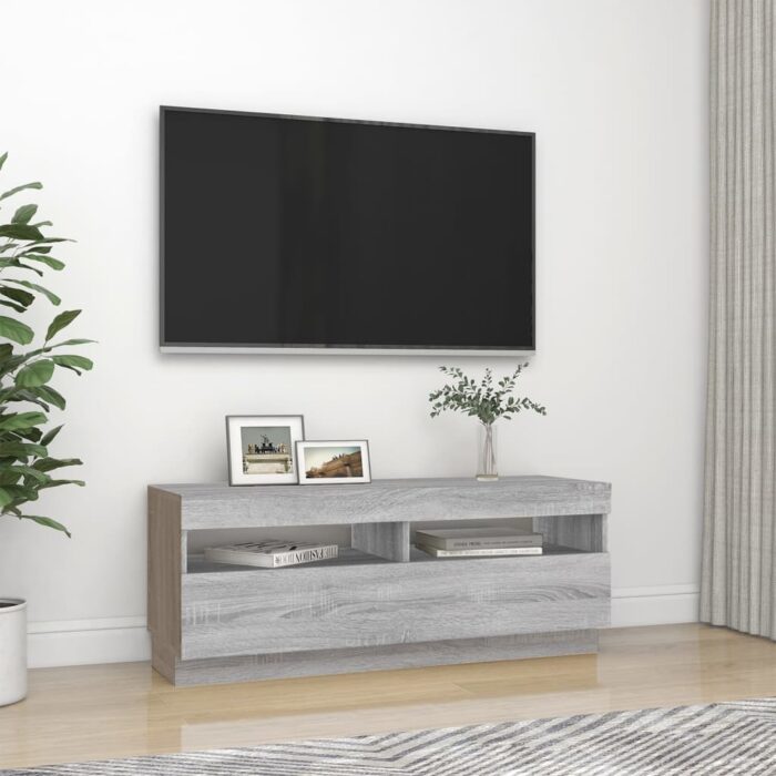 Meuble TV avec lumières LED sonoma gris 100x35x40 cm – Image 4