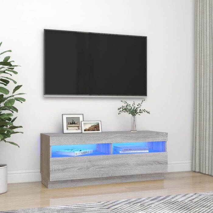 Meuble TV avec lumières LED sonoma gris 100x35x40 cm – Image 1