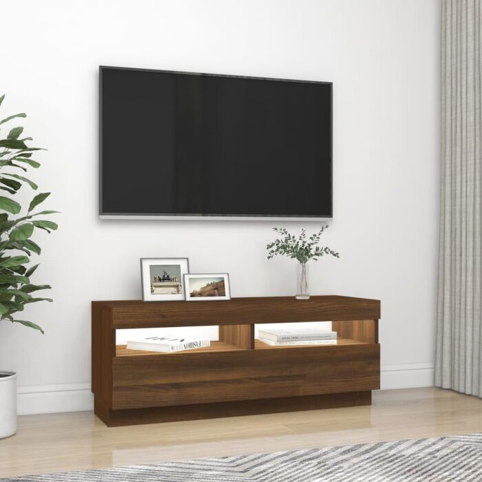 Meuble TV avec lumières LED chêne marron 100x35x40 cm – Image 3