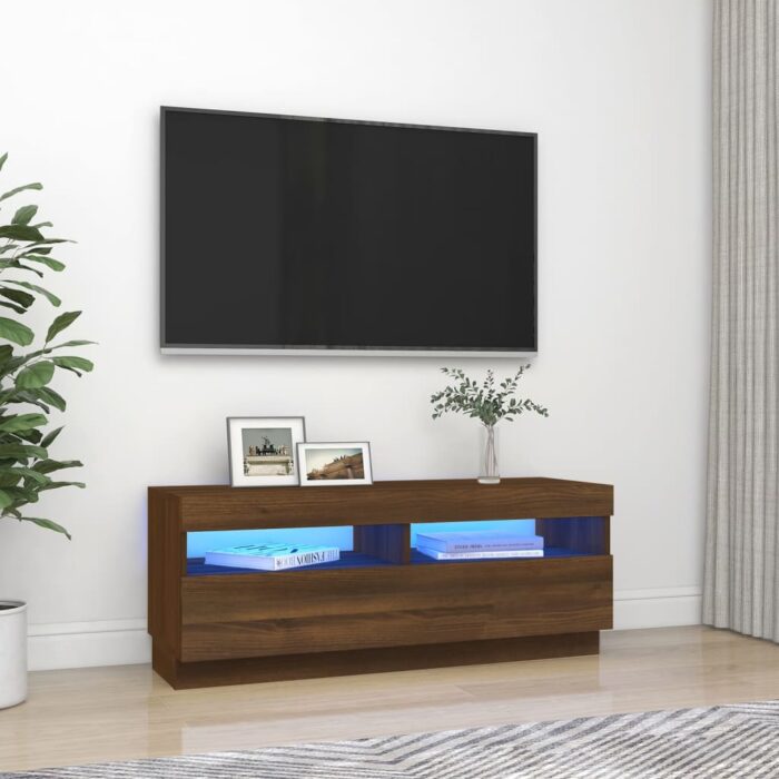 Meuble TV avec lumières LED chêne marron 100x35x40 cm – Image 1