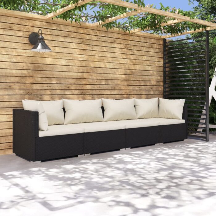 Salon de jardin 4 pcs avec coussins Résine tressée Noir – Image 1