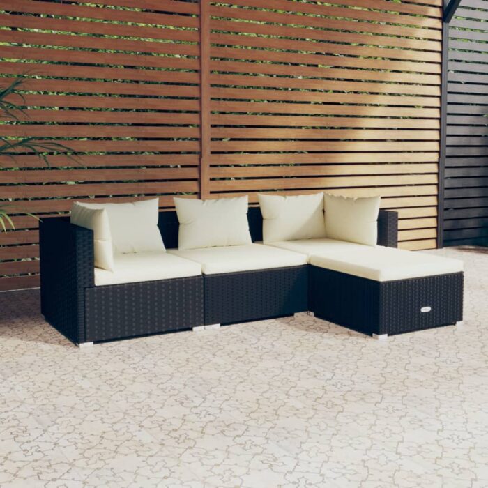 Salon de jardin 4 pcs avec coussins Résine tressée Noir – Image 1