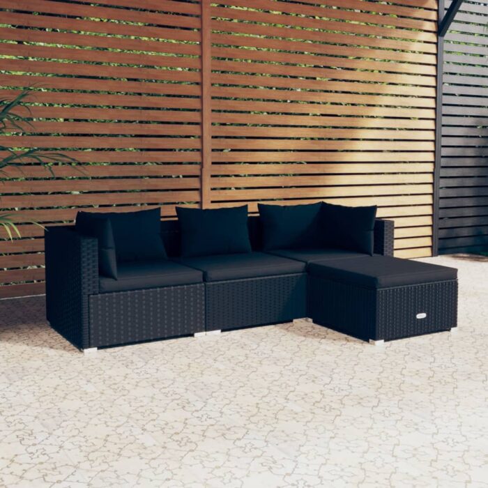 Salon de jardin 4 pcs avec coussins Résine tressée Noir – Image 1
