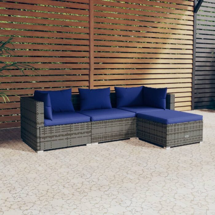 Salon de jardin 4 pcs avec coussins résine tressée gris – Image 1
