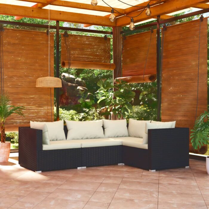 Salon de jardin 4 pcs avec coussins Résine tressée Noir – Image 1