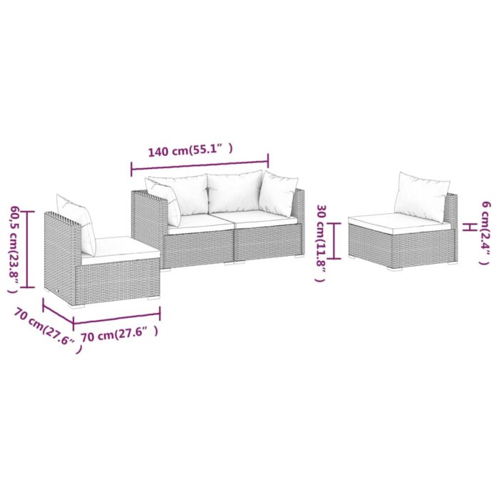 Salon de jardin 4 pcs avec coussins Résine tressée Noir – Image 5