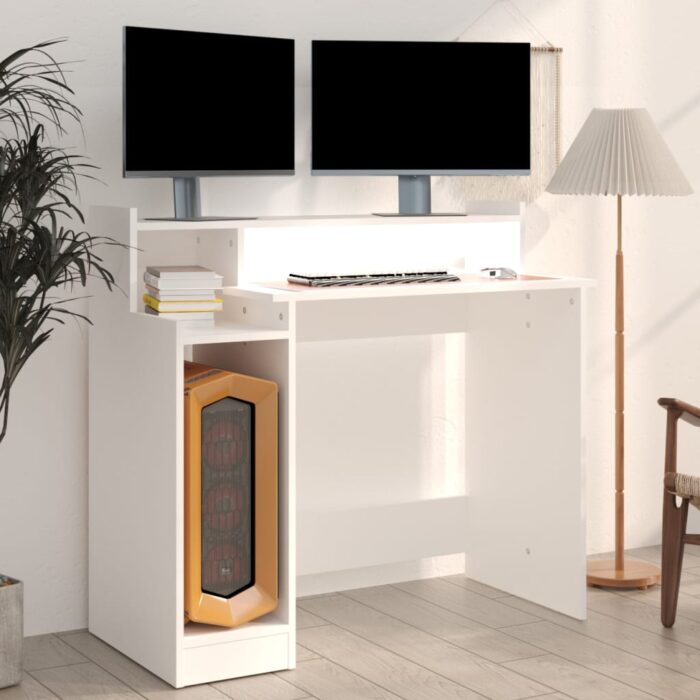 Bureau avec lumières LED Blanc 97x45x90 cm Bois d'ingénierie – Image 4
