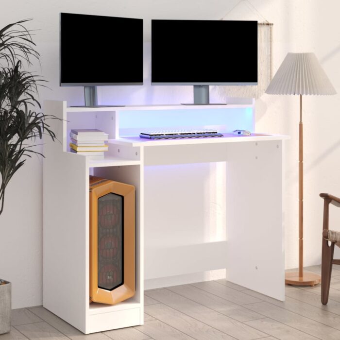 Bureau avec lumières LED Blanc 97x45x90 cm Bois d'ingénierie – Image 1