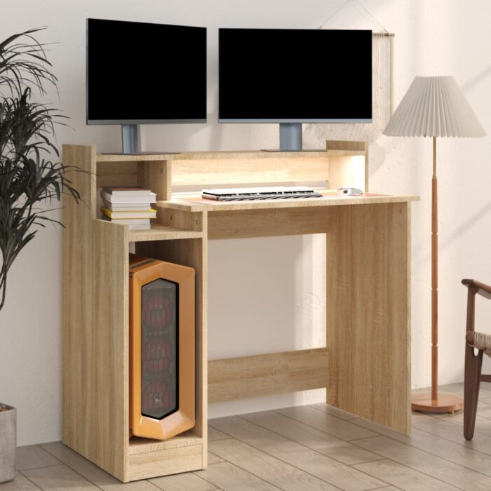 Bureau avec lumières LED Chêne 97x45x90 cm Bois d'ingénierie – Image 4
