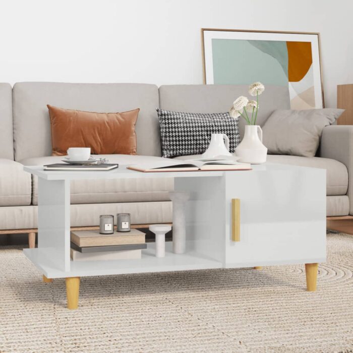 Table basse Blanc brillant 90x50x40 cm Bois d'ingénierie – Image 1