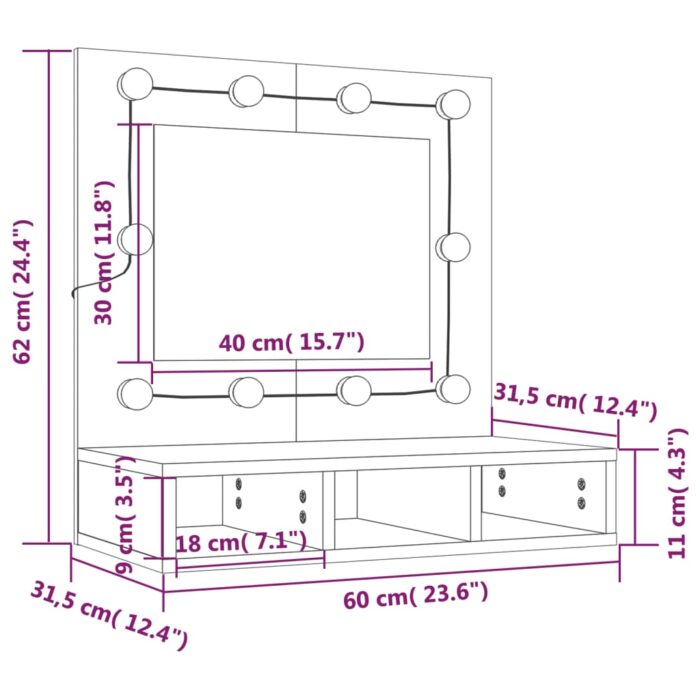 Armoire à miroir avec LED Sonoma gris 60x31,5x62 cm – Image 12