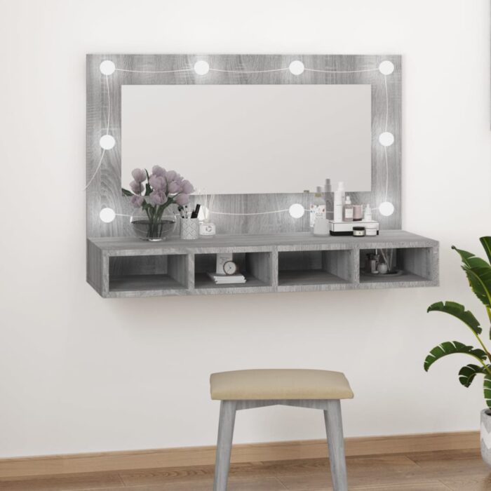 Armoire à miroir avec LED Sonoma gris 90x31,5x62 cm – Image 9