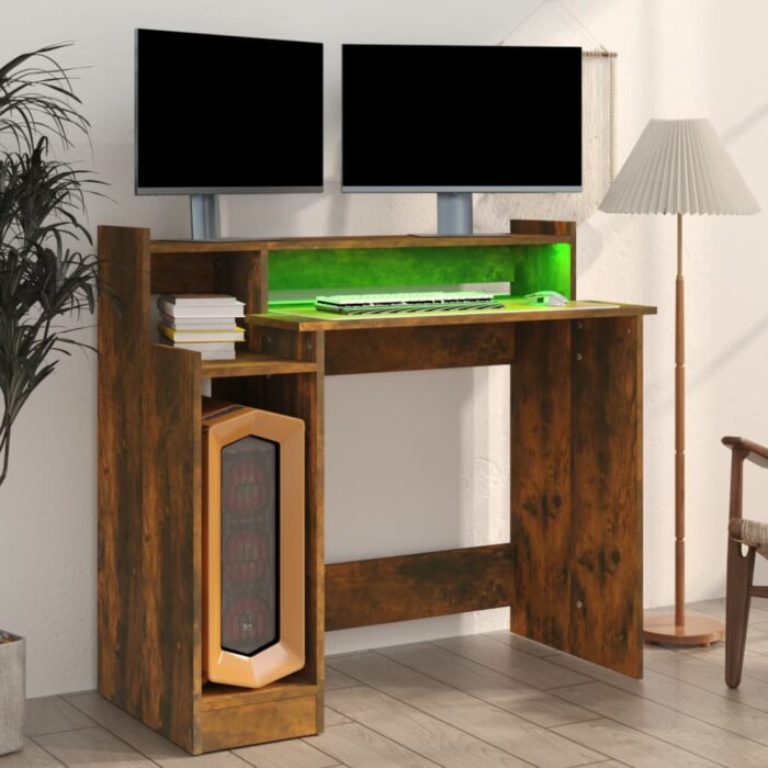 Bureau et lumières LED Chêne fumé 97x45x90 cm Bois d'ingénierie – Image 2