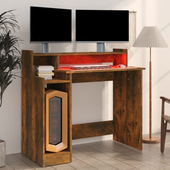 Bureau et lumières LED Chêne fumé 97x45x90 cm Bois d'ingénierie – Image 3