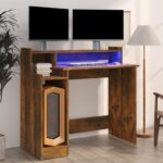Bureau et lumières LED Chêne fumé 97x45x90 cm Bois d'ingénierie