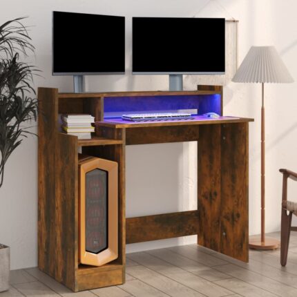 Bureau et lumières LED Chêne fumé 97x45x90 cm Bois d'ingénierie