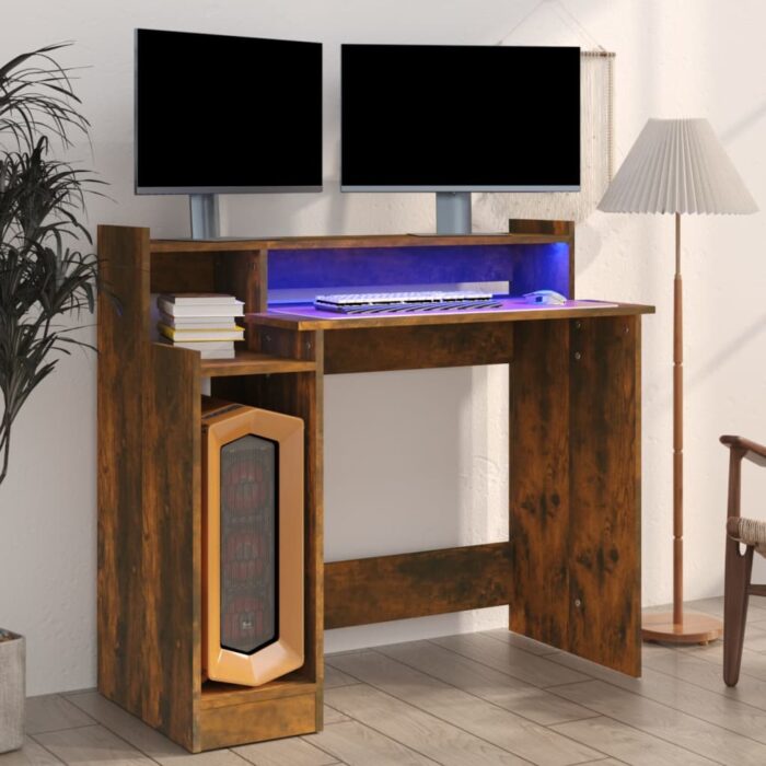 Bureau et lumières LED Chêne fumé 97x45x90 cm Bois d'ingénierie – Image 1