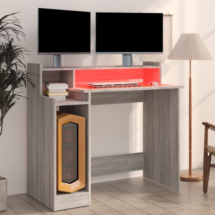 Bureau et lumières LED Sonoma gris 97x45x90cm Bois d'ingénierie – Image 2