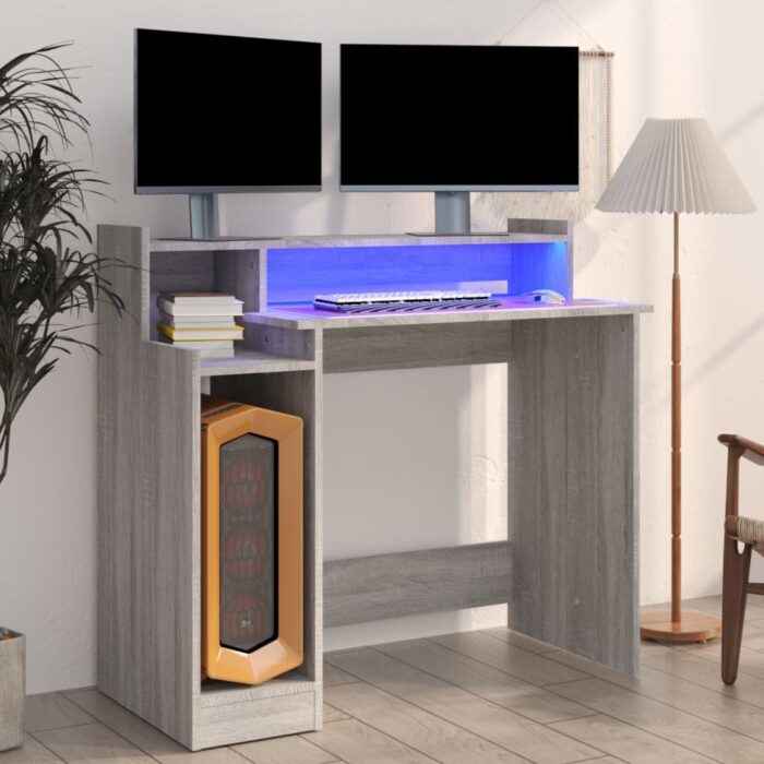 Bureau et lumières LED Sonoma gris 97x45x90cm Bois d'ingénierie – Image 1