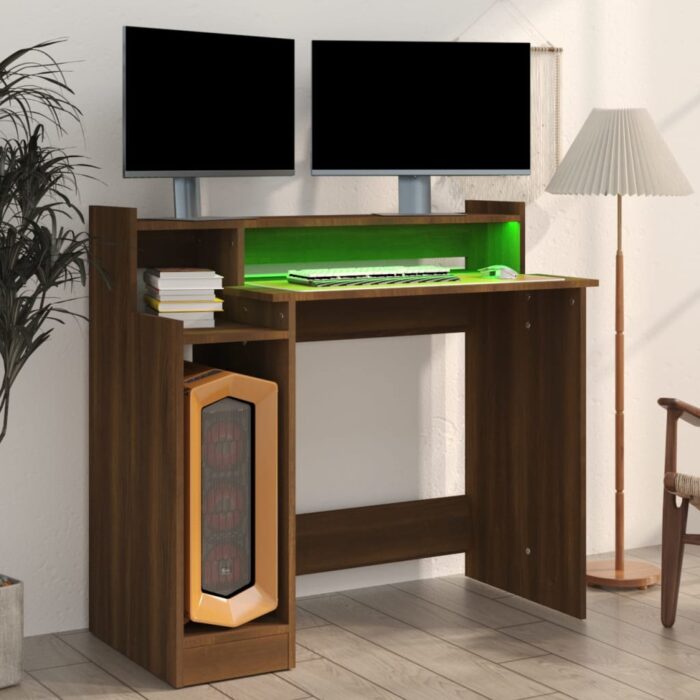 Bureau et lumières LED Chêne brun 97x45x90 cm Bois d'ingénierie – Image 2