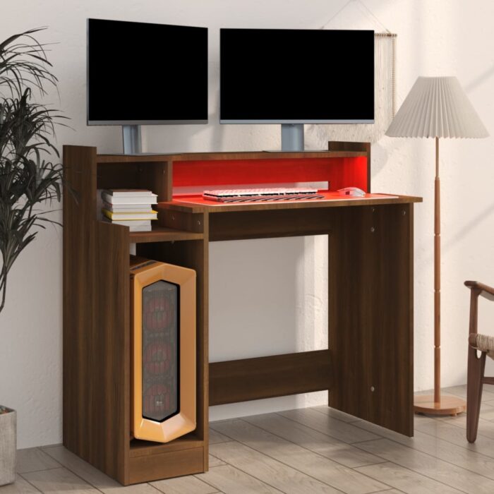 Bureau et lumières LED Chêne brun 97x45x90 cm Bois d'ingénierie – Image 3