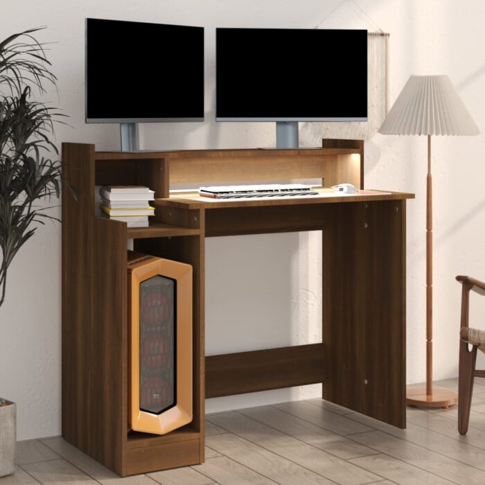 Bureau et lumières LED Chêne brun 97x45x90 cm Bois d'ingénierie – Image 4