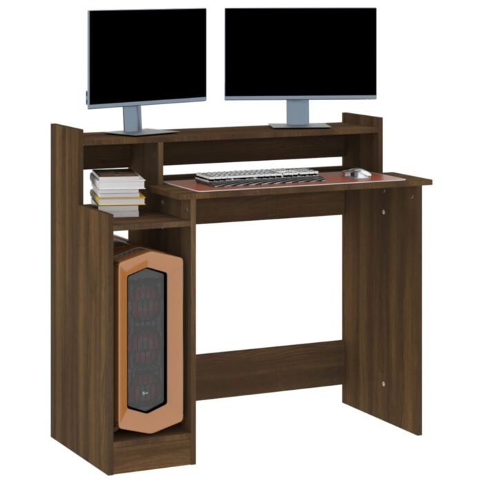 Bureau et lumières LED Chêne brun 97x45x90 cm Bois d'ingénierie – Image 5
