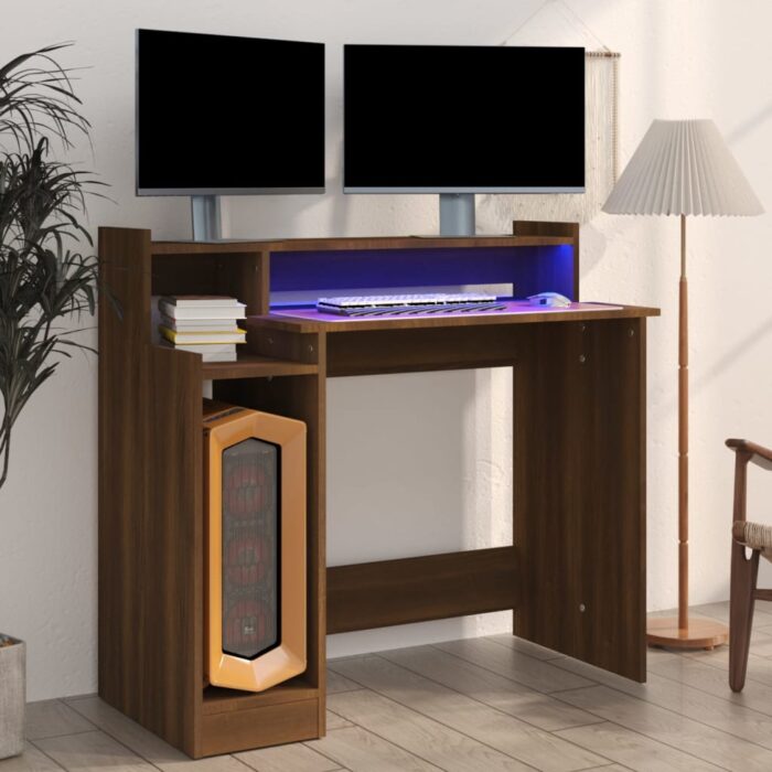 Bureau et lumières LED Chêne brun 97x45x90 cm Bois d'ingénierie – Image 1