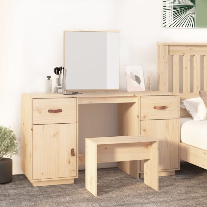 Ensemble de coiffeuse avec miroir Bois de pin solide – Image 1