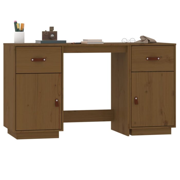 Bureau avec armoires Marron miel 135x50x75cm Bois massif de pin – Image 2