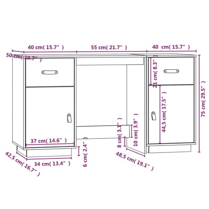 Bureau avec armoires Marron miel 135x50x75cm Bois massif de pin – Image 8