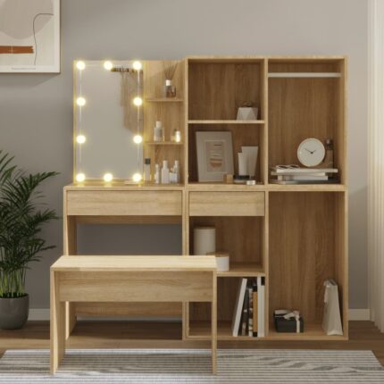 Ensemble de coiffeuse avec LED Chêne Sonoma Bois d'ingénierie