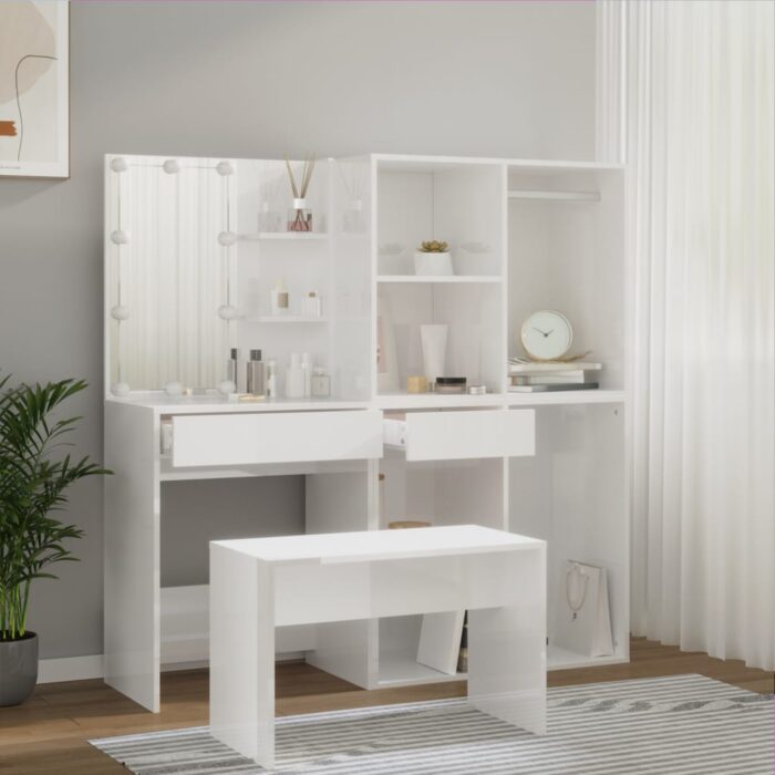 Ensemble de coiffeuse avec LED Blanc brillant Bois d'ingénierie – Image 2