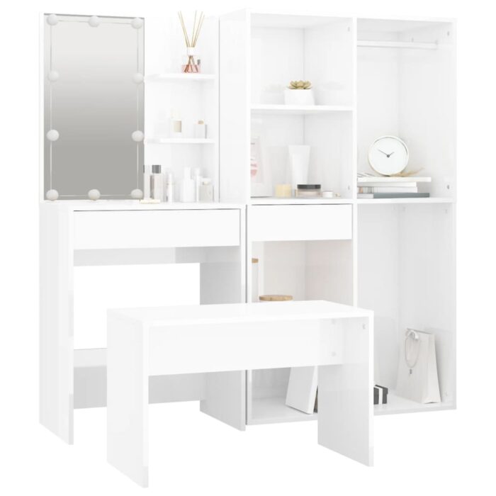Ensemble de coiffeuse avec LED Blanc brillant Bois d'ingénierie – Image 3