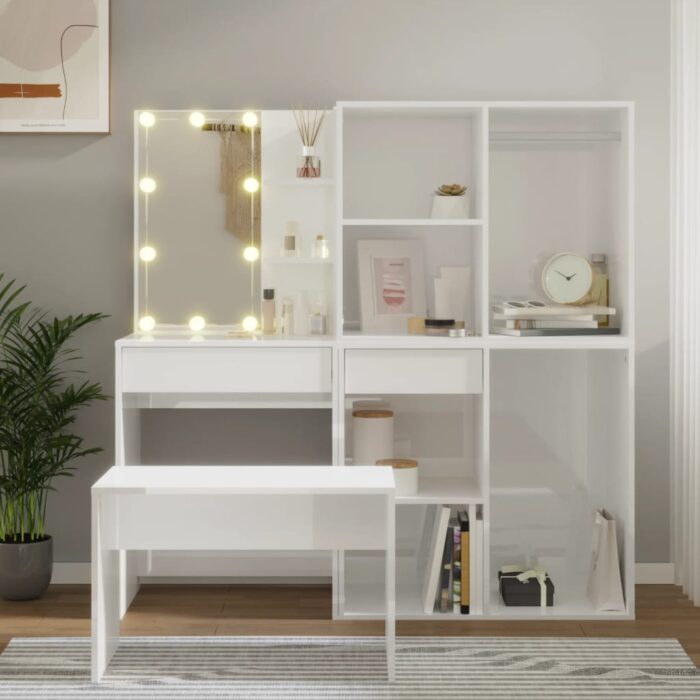Ensemble de coiffeuse avec LED Blanc brillant Bois d'ingénierie – Image 1